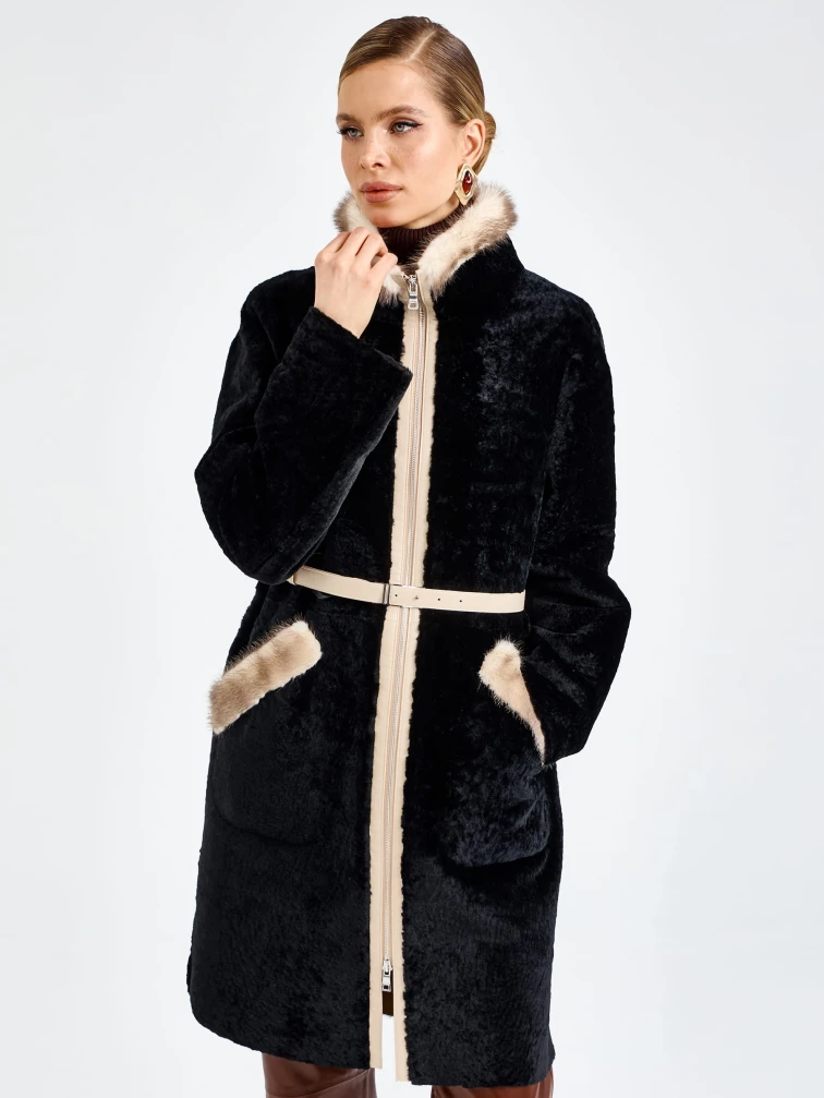 Черная женская дубленка из астрагана с мехом норки премиум класса 2018, размер 44, артикул 65140-3