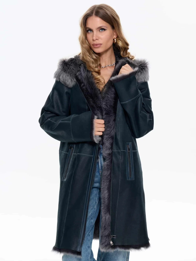 Женская дубленка с капюшоном из тосканы 2067, синяя, размер 46, артикул 64740-3