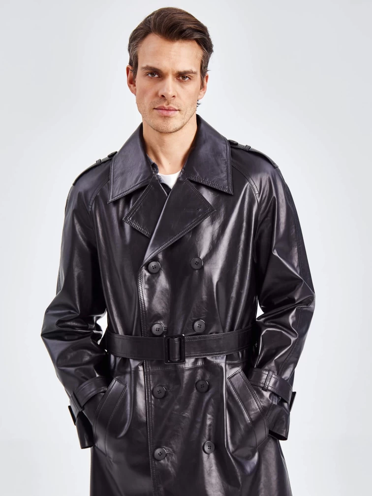 Двубортное мужское кожаное пальто премиум класса 553, черное, размер 52, артикул 71340-5