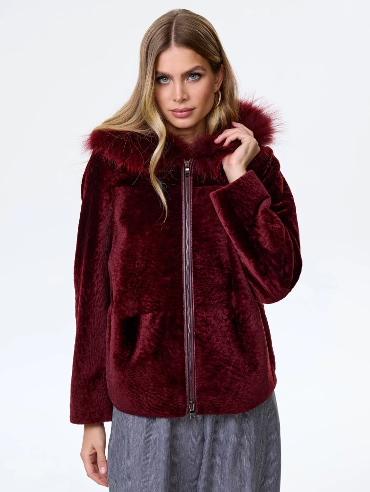 Женская дубленка из астрагана с капюшоном 48мех, бордовая, размер 48, артикул 64600-4