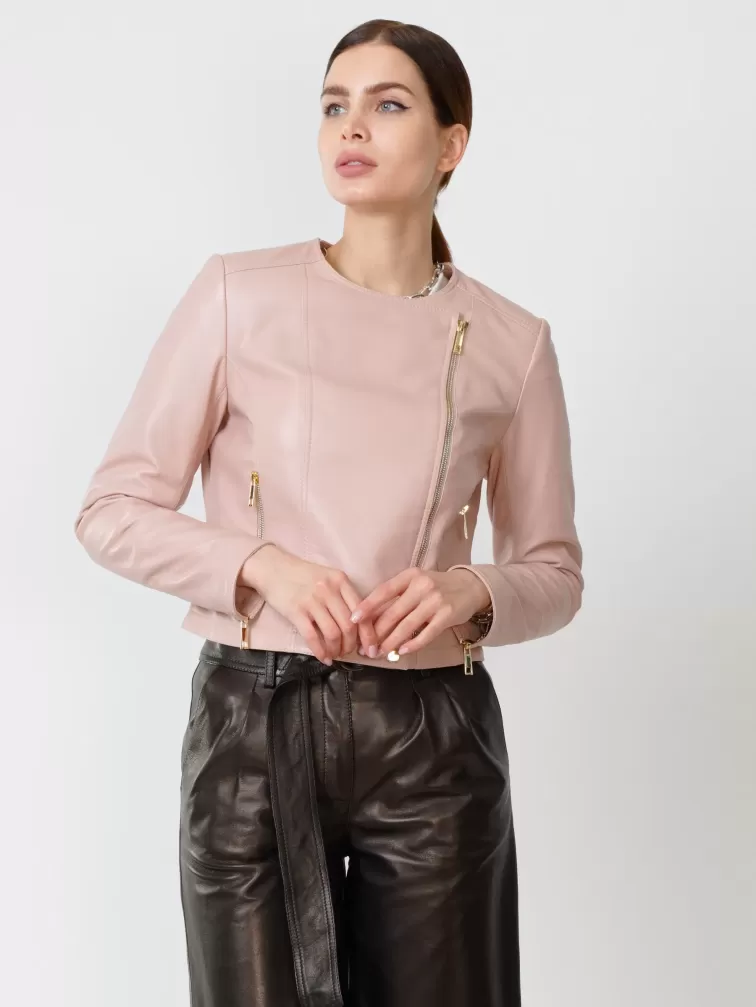 Кожаный комплект женский: Куртка 389 + Брюки 05, пудровый/черный, р. 42, арт. 111115-4