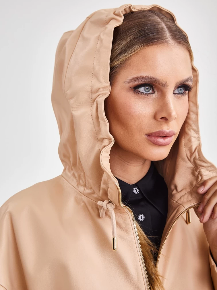 Кожаный женский плащ с капюшоном на молнии премиум класса 3034, бежевый, размер 48, артикул 91941-3