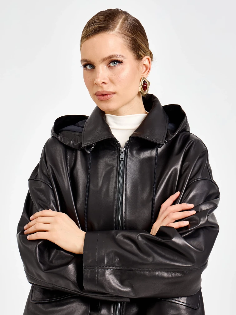 Черная женская кожаная куртка с капюшоном премиум класса 3102, размер 48, артикул 92210-3