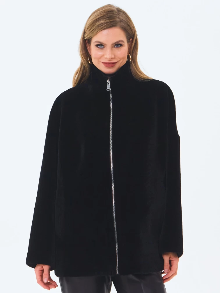 Короткая женская дубленка из астрагана на молнии 2065, черная, размер 48, артикул 64680-7