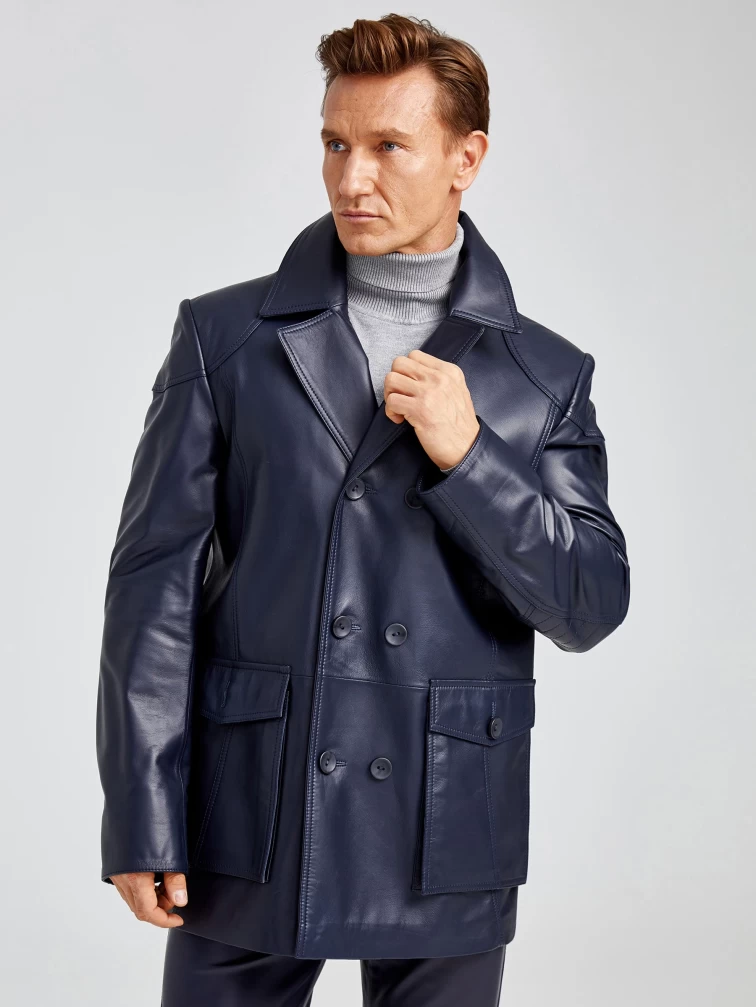 Двубортная мужская кожаная куртка бушлат 549, синяя, размер 48, артикул 28881-0