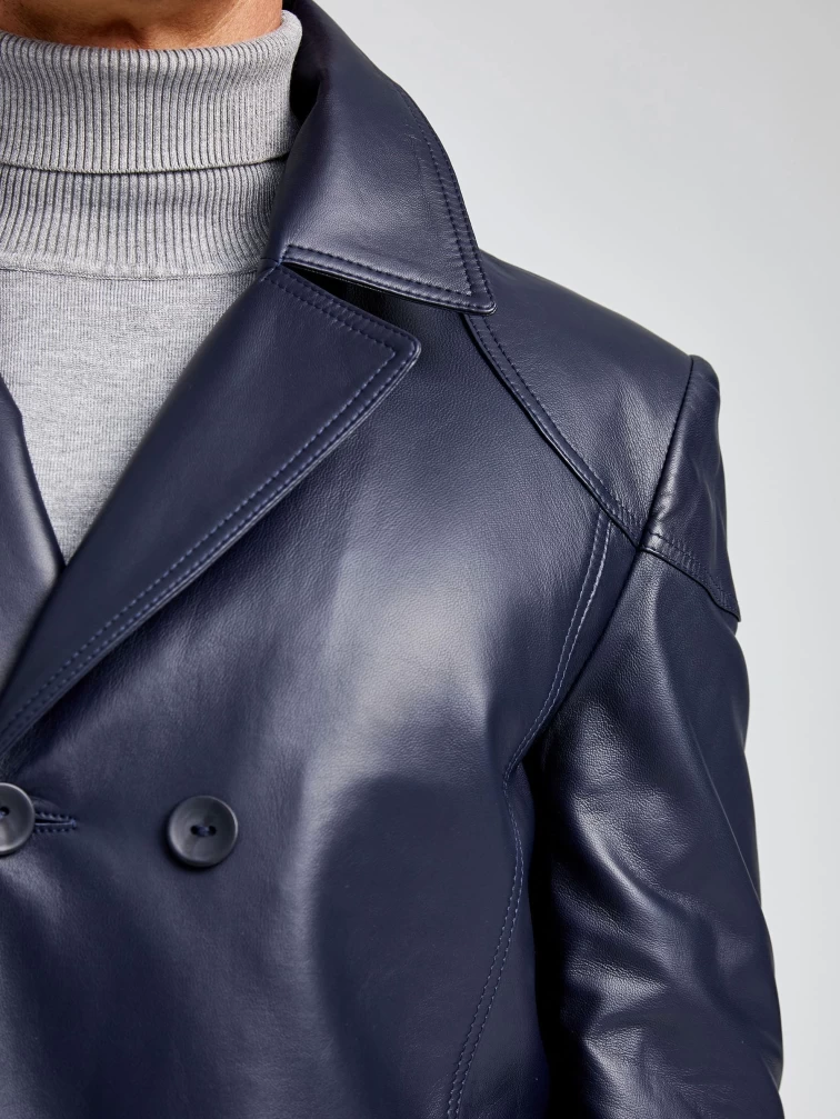 Двубортная мужская кожаная куртка бушлат 549, синяя, размер 48, артикул 28881-2