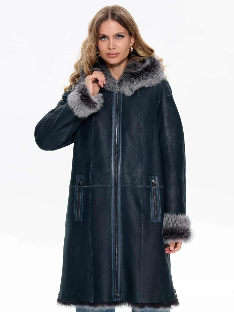 Женская дубленка с капюшоном из тосканы 2067, синяя, размер 46, артикул 64740-7