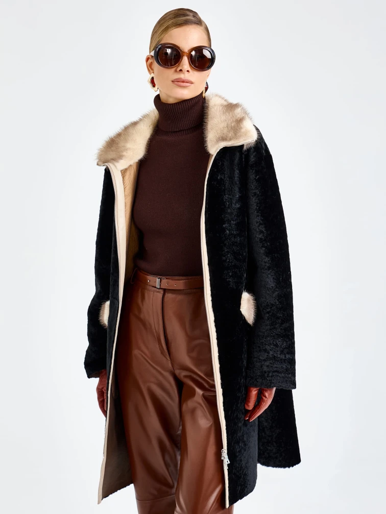 Черная женская дубленка из астрагана с мехом норки премиум класса 2018, размер 44, артикул 65140-1