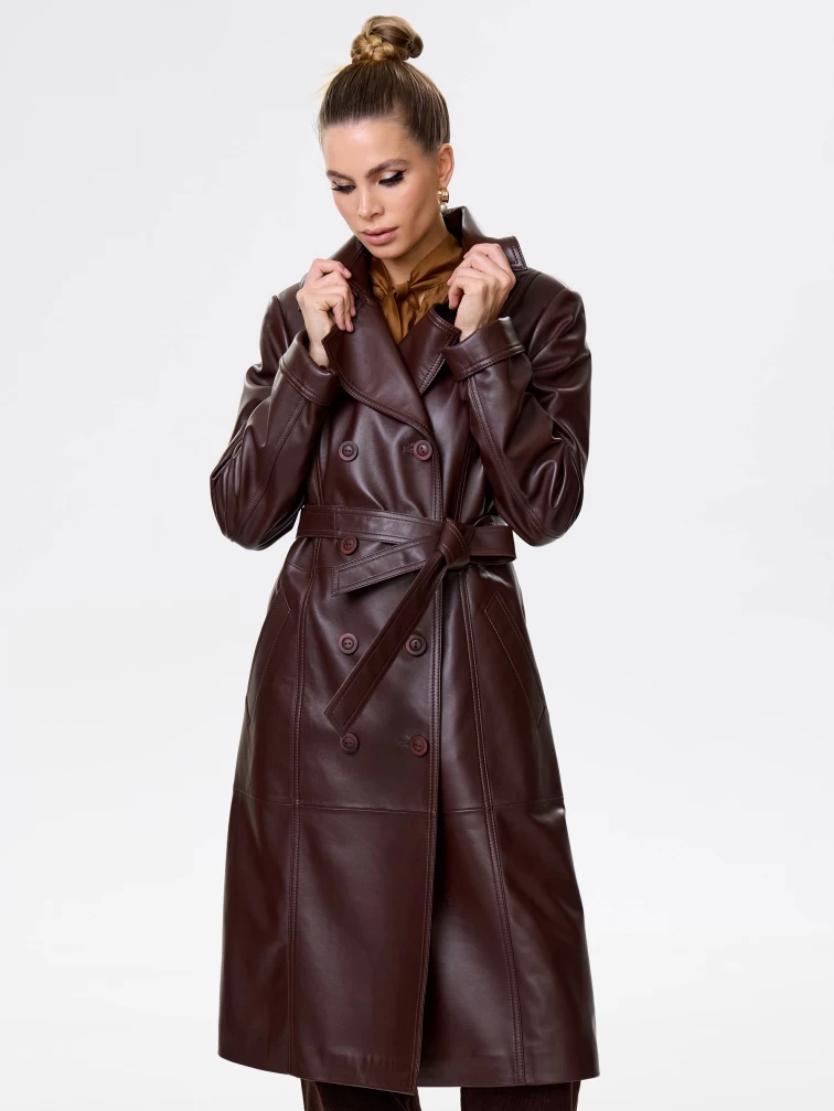 Кожаный двубортный женский плащ с поясом 3003, ореховый, размер 48, артикул 15650-3