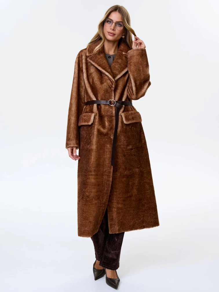 Длинная женская дубленка из астрагана премиум класса 2053, коричневая, размер 48, артикул 64150-3