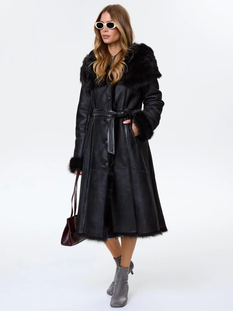 Черная женская дубленка из тосканы с капюшоном 132, размер 48, артикул 64590-1