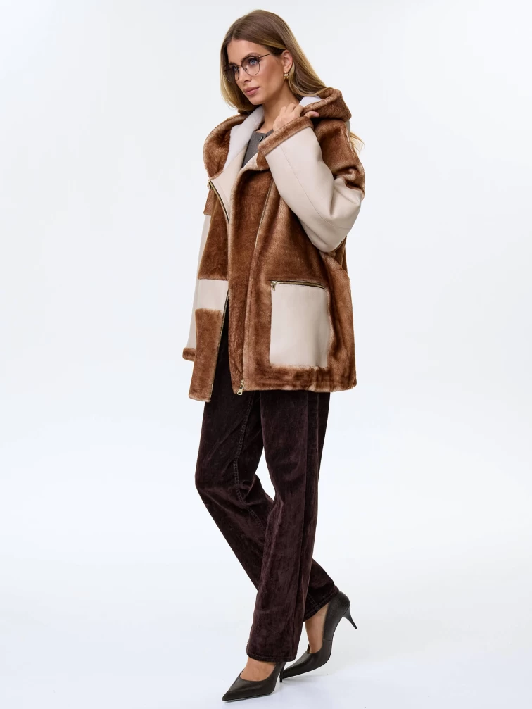 Комбинированная женская дубленка с капюшоном из астрагана премиум класса 2058, бежевая, размер 52, артикул 64140-1