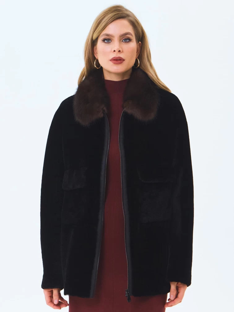 Дубленка женская из астрагана с воротником куницей 2063, черная, размер 46, артикул 64660-4