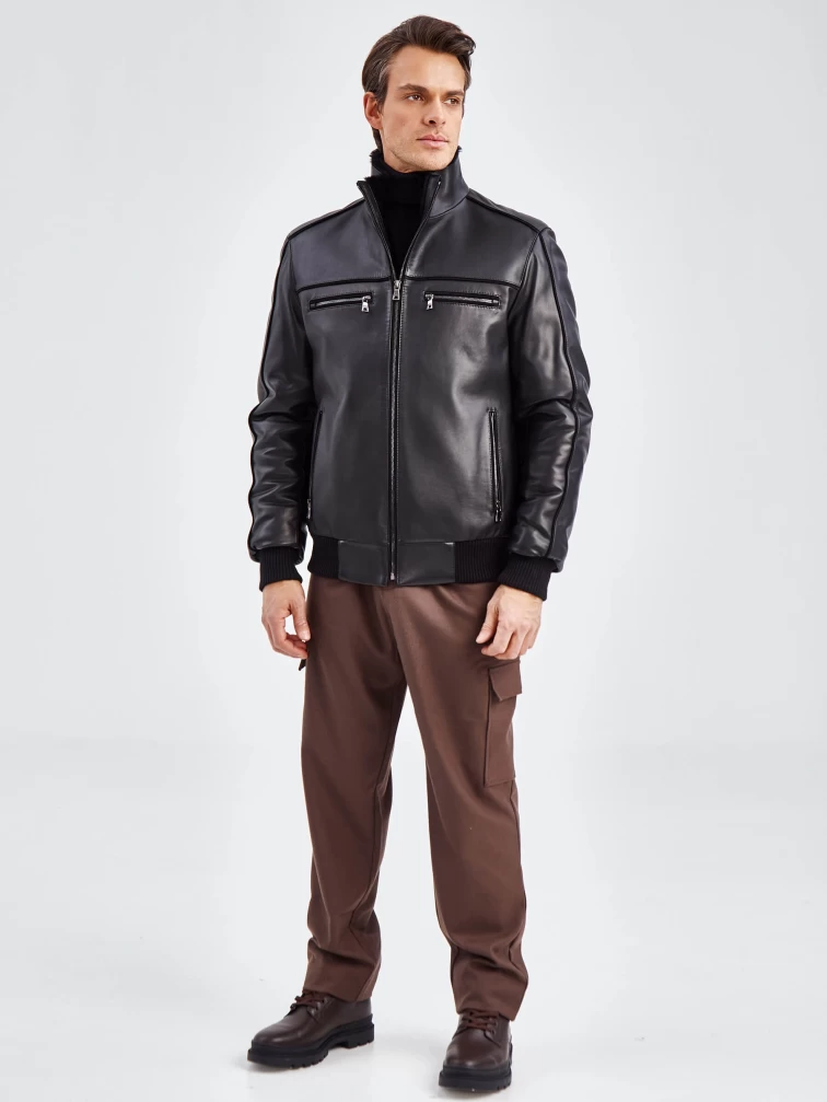 Короткая кожаная мужская дубленка бомбер 515, черная, размер 50, артикул 40261-2