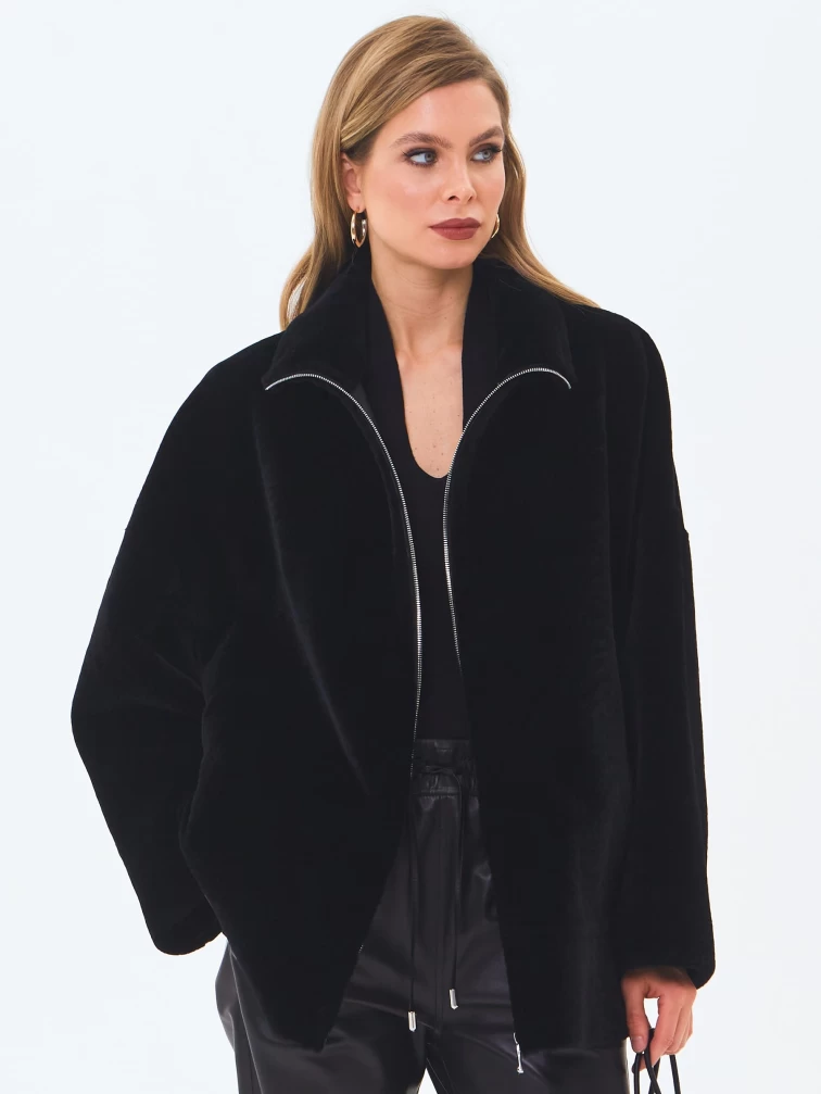 Короткая женская дубленка из астрагана на молнии 2065, черная, размер 48, артикул 64680-1