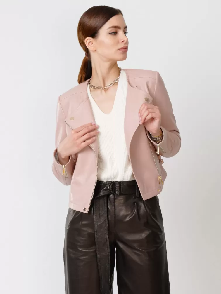 Кожаная женская куртка косуха 389, пудровая, размер 44, артикул 90910-6
