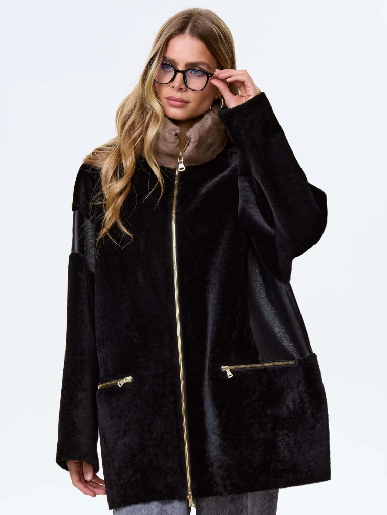 Дубленка на молнии с норковым воротником для женщин премиум класса 2057, черная, размер 52, артикул 62500-0