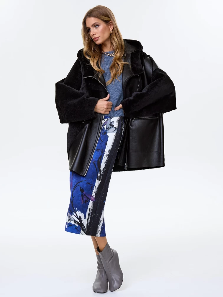 Женское полупальто оверсайз из натуральной овчины с капюшоном премиум класса 2055, черное, размер 50, артикул 64270-1