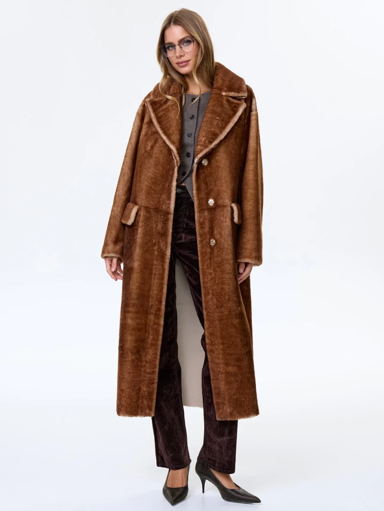 Длинная женская дубленка из астрагана премиум класса 2053, коричневая, размер 48, артикул 64150-0