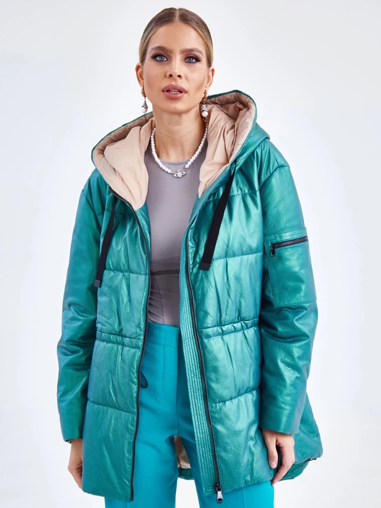 Кожаный женский пуховик оверсайз с капюшоном премиум класса 3021, зеленый, размер 48, артикул 25320-3