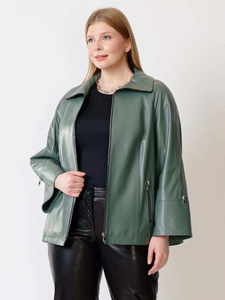 Кожаная женская куртка оверсайз 385, оливковая, размер 50, артикул 91321-0
