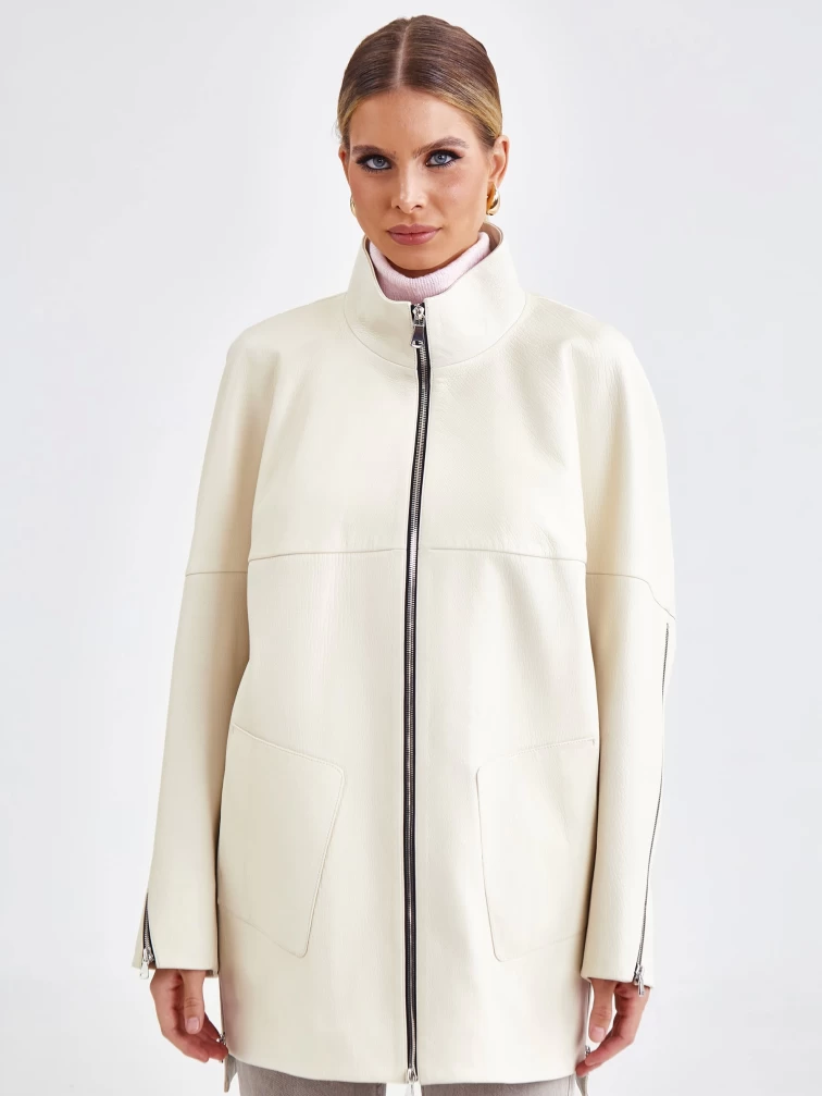 Кожаная женская куртка оверсайз премиум класса 3038, белая, размер 50, артикул 23151-1