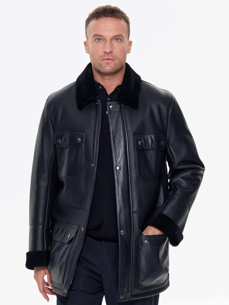 Молодежная мужская дубленка премиум класса 440, черная, размер 48, артикул 41220-4