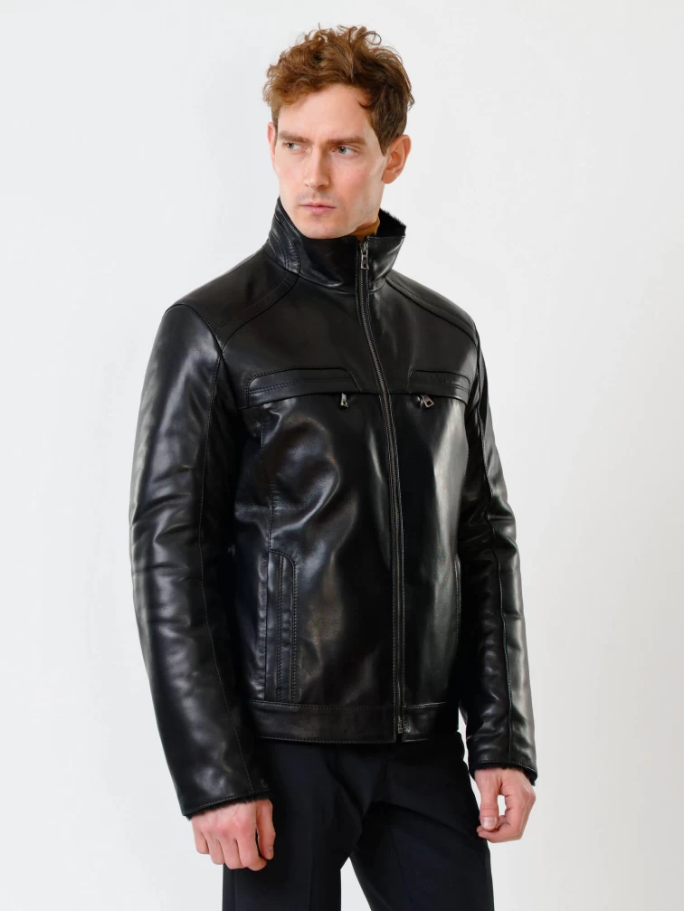 Короткая кожаная дубленка для мужчин 516, черная, размер 52, артикул 40210-1