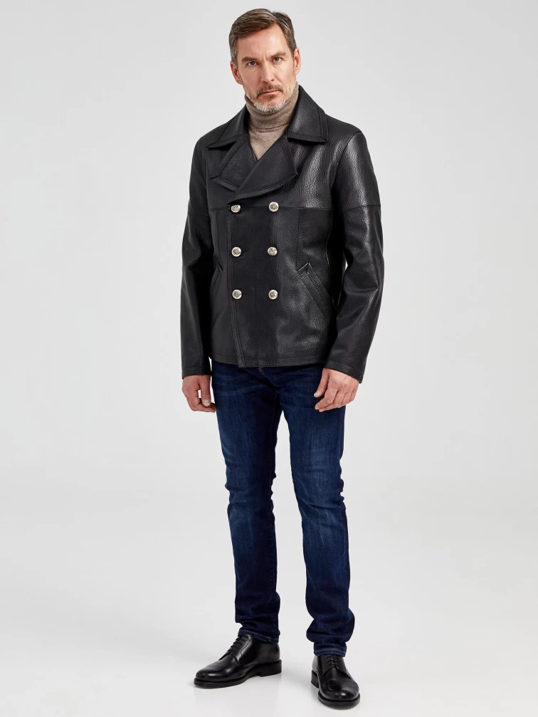 Двубортная мужская кожаная куртка Клуб, черная, размер 48, артикул 28982-3
