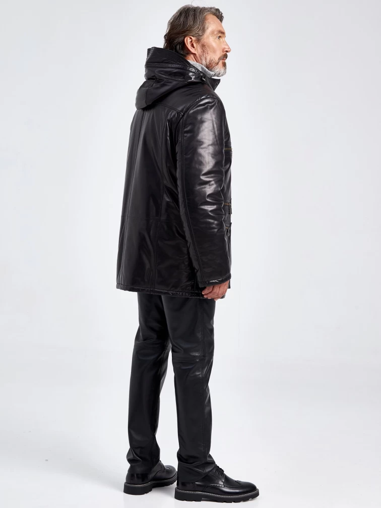 Утепленная мужская кожаная куртка с капюшоном 512, черная, размер 56, артикул 40740-5