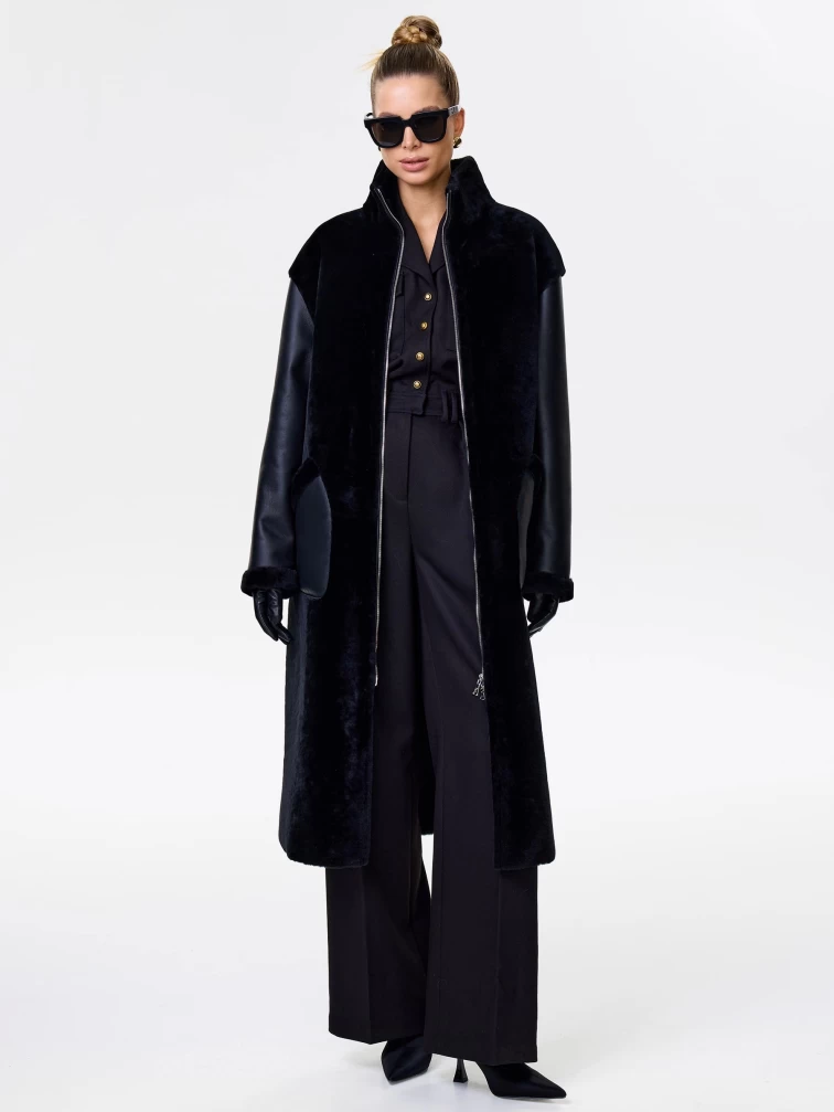 Длинная дубленка на молнии для женщин премиум класса 2050, черная, размер 46, артикул 62480-1