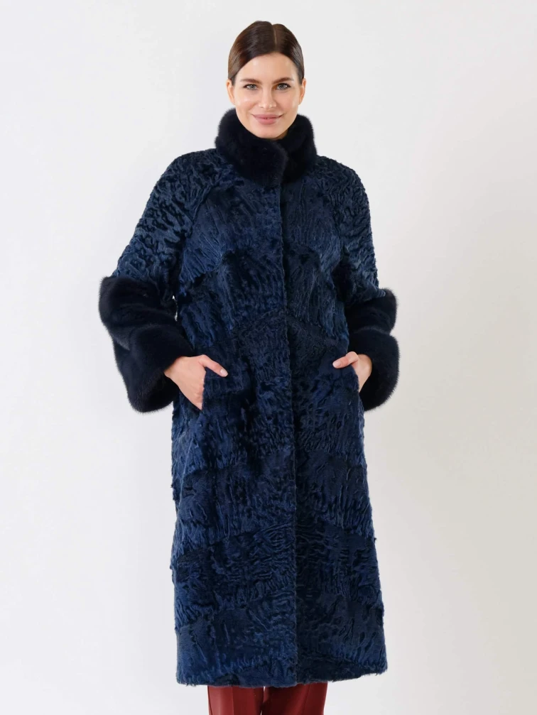 Женская шуба из меха каракуля с мехом норки 17101д(сн), синяя, размер 44, артикул 22580-4