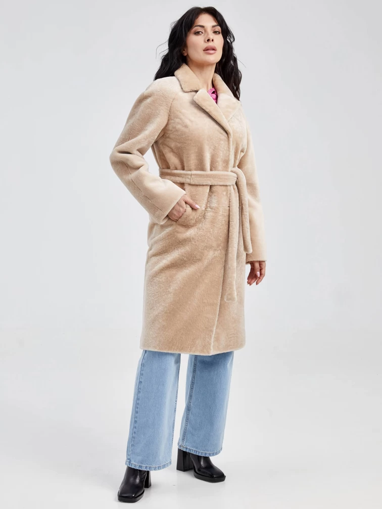 Классическая длинная женская дубленка из астрагана премиум класса 55мех, бежевая, размер 54, артикул 13460-3