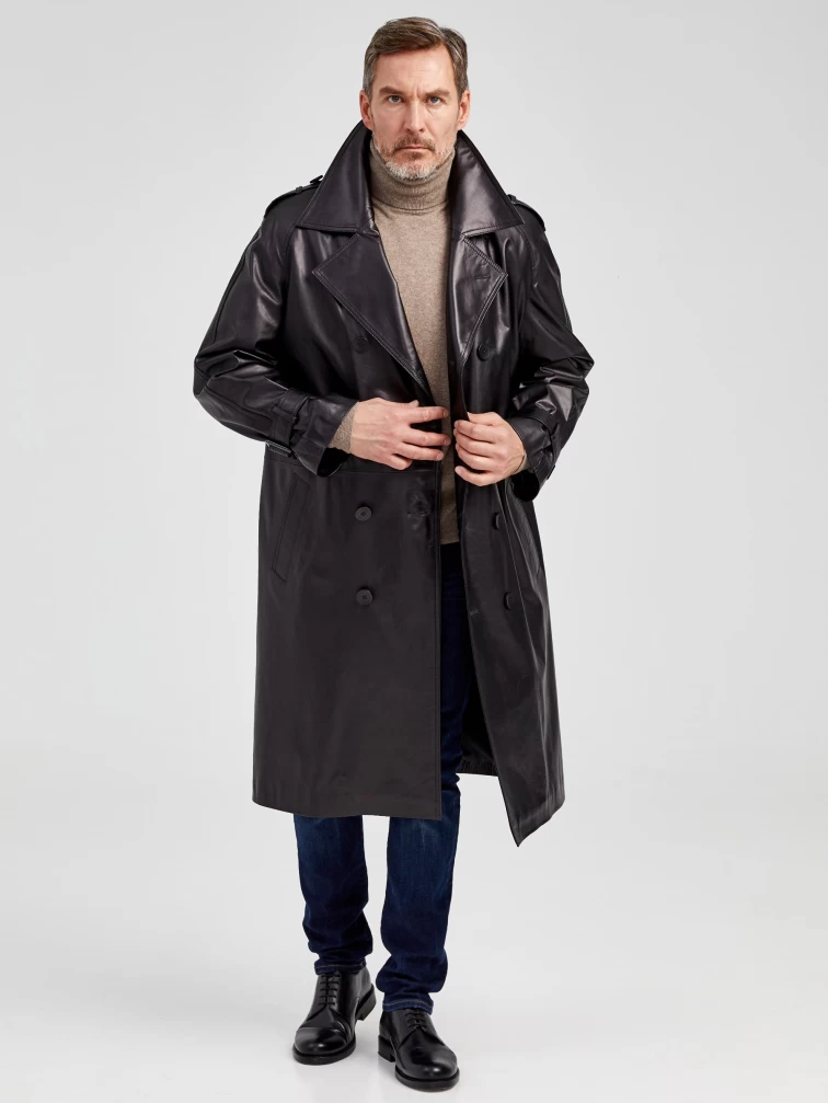 Мужской двубортный кожаный плащ премиум класса 553, черный, размер 52, артикул 40541-6