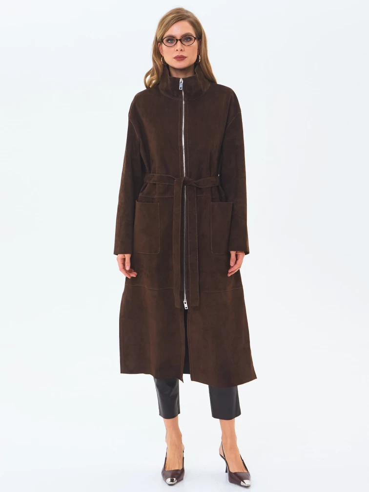 Длинный женский замшевый плащ премиум класса 3082з, коричневый, размер 48, артикул 24670-4