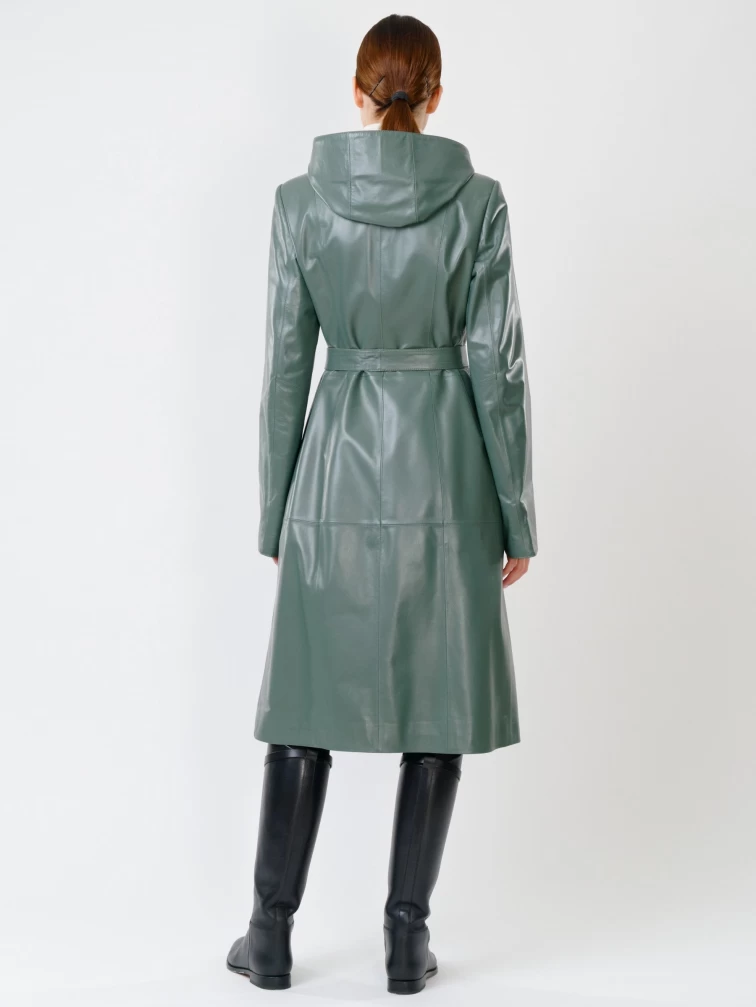 Кожаный женский утепленный плащ с капюшоном 380нш, размер 52, оливковый, артикул 91391-4