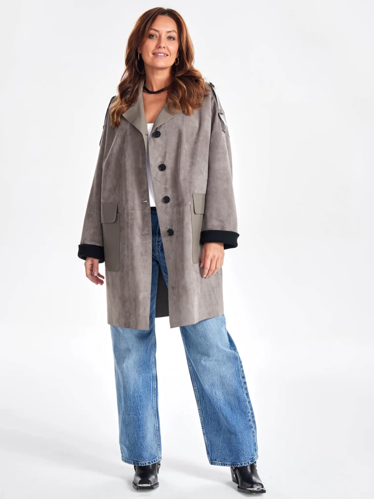 Женское короткое замшевое полупальто оверсайз премиум класса 3063з, серое, размер 48, артикул 64060-0