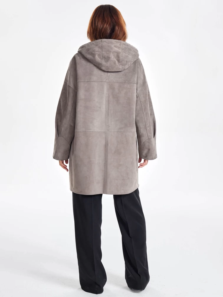 Женское замшевое полупальто оверсайз с капюшоном премиум класса 3059з, серое, размер 52, артикул 64050-1