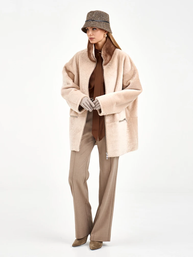 Белая дубленка из астрагана с норкой 59мех, размер 50, артикул 65130-1