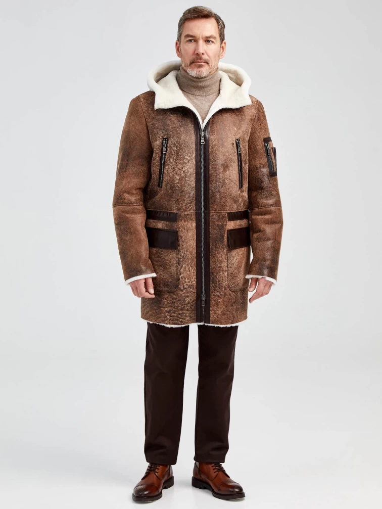 Мужская длинная дубленка с капюшоном премиум класса 429, светло-коричневая, размер 48, артикул 71370-6