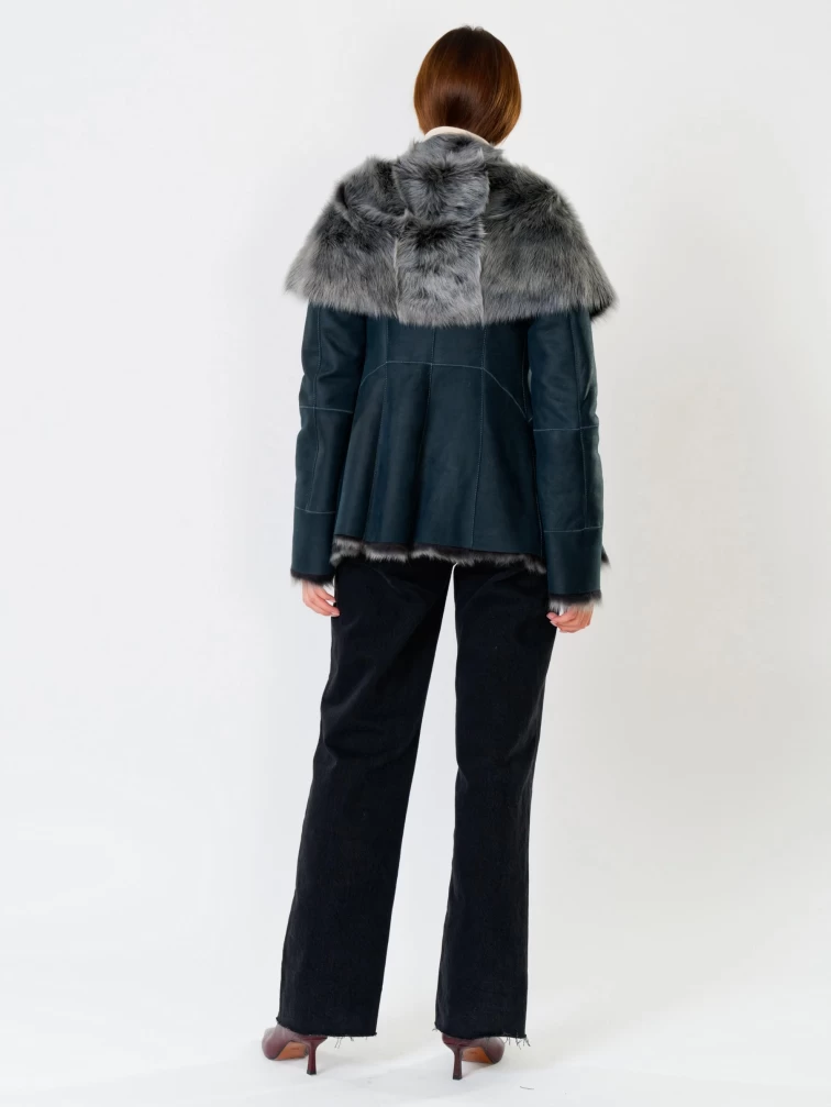 Короткая женская дубленка из тосканы с капюшоном 122, синяя, размер 40, артикул 61852-4