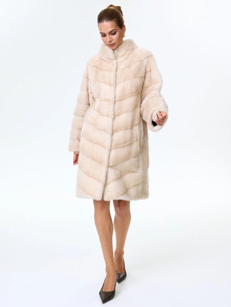 Поперечная женская норковая шуба премиум класса София(с), жемчужная, размер 50, артикул 34110-1