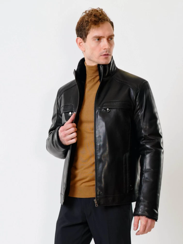 Короткая кожаная дубленка для мужчин 516, черная, размер 52, артикул 40210-0