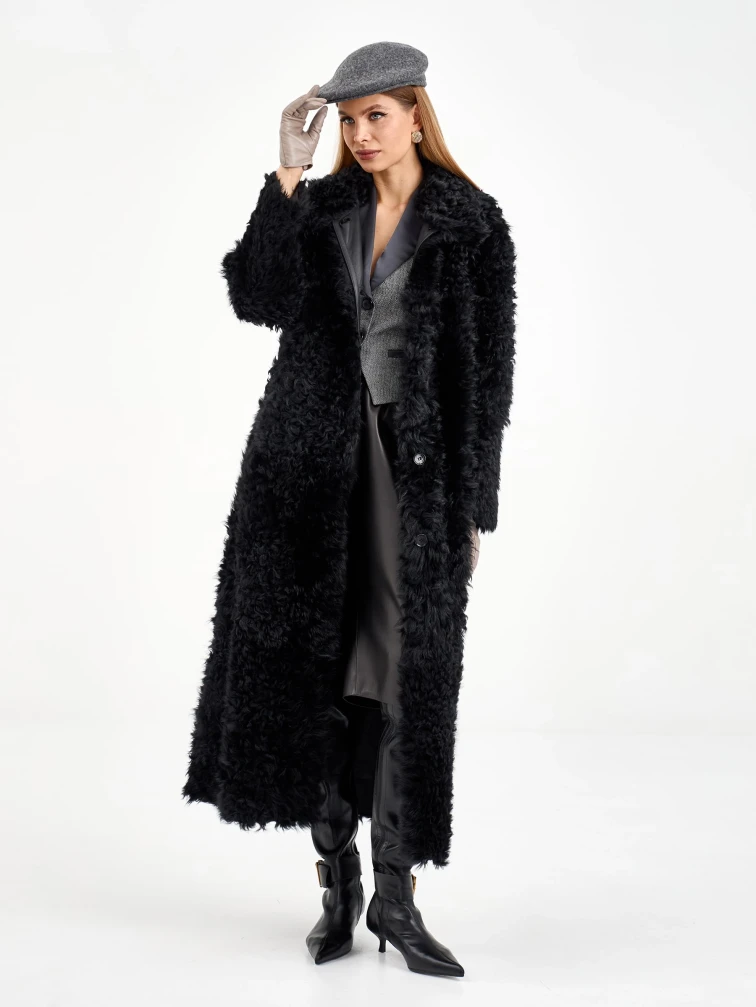 Длинная женская дубленка из тиградо 2080, черная, размер 48, артикул 65030-1