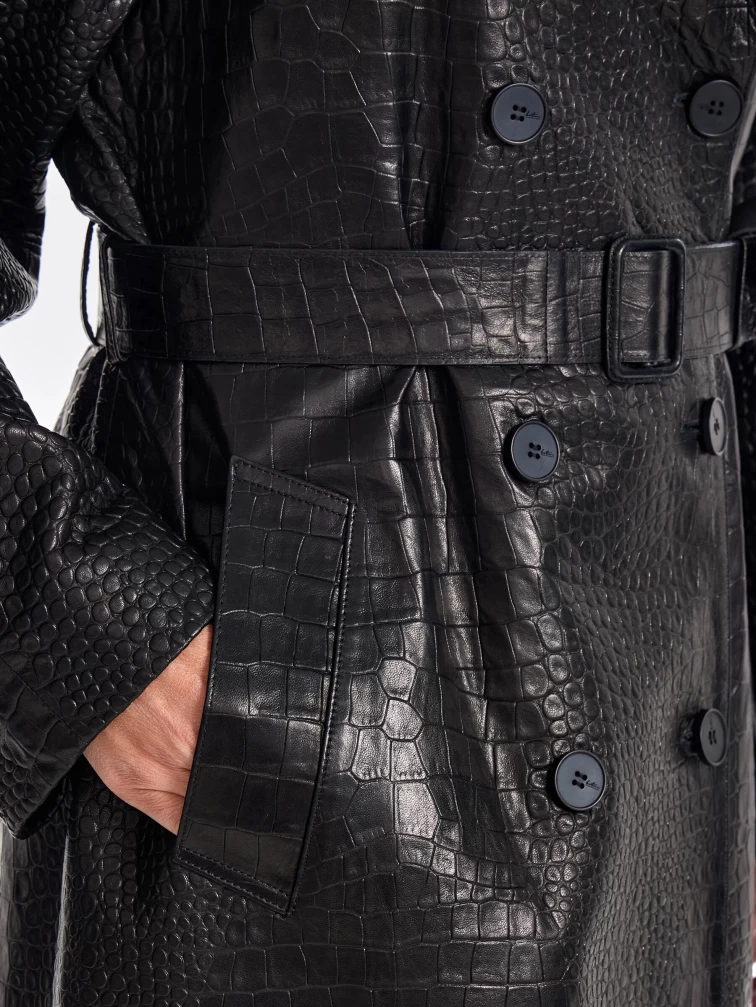 Кожаное пальто с принтом под крокодила премиум класса для женщин 3071, черное, размер 54, артикул 63350-2