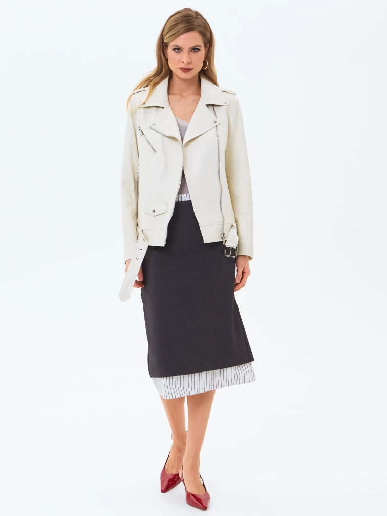 Кожаная женская куртка косуха с поясом премиум класса 3078, белая, размер 42, артикул 24520-2