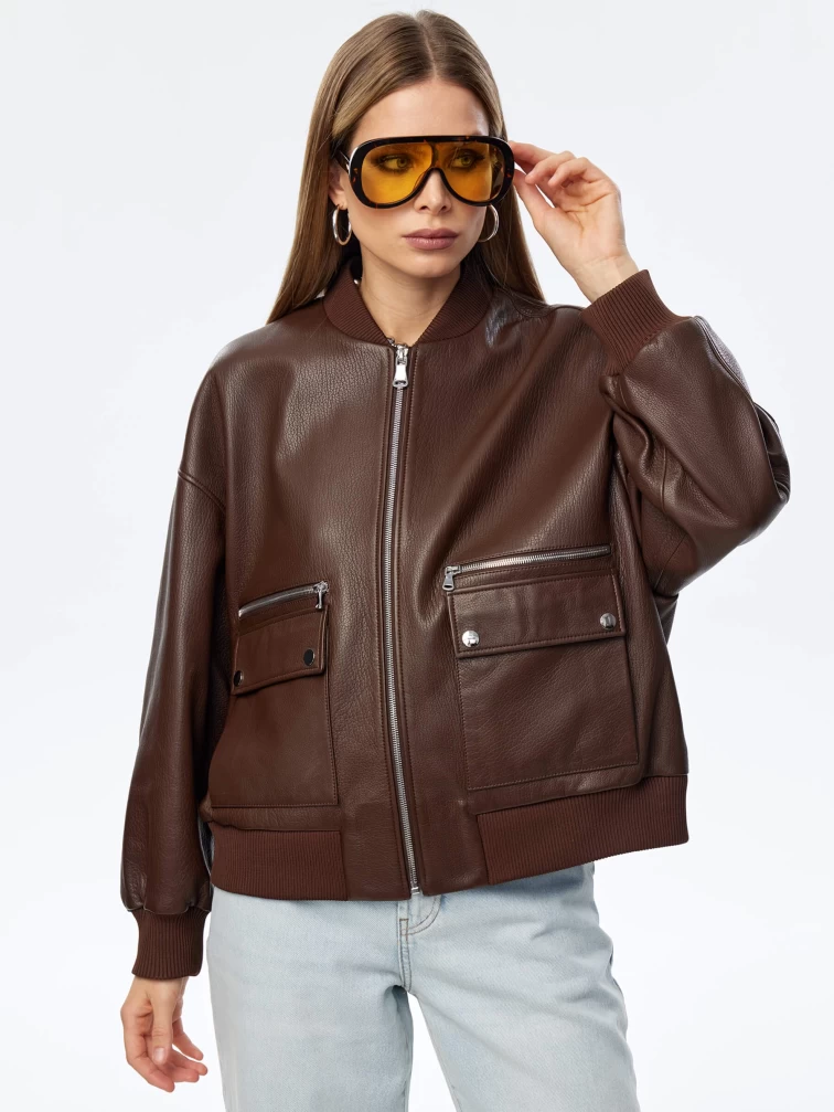 Короткая кожаная куртка бомбер для женщин премиум класса 3064, коричневая, размер 46, артикул 24030-0