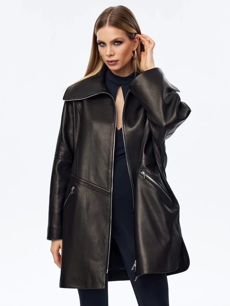 Кожаный плащ оверсайз на молнии для женщин премиум класса 3057, черный, размер 52, артикул 23520-2