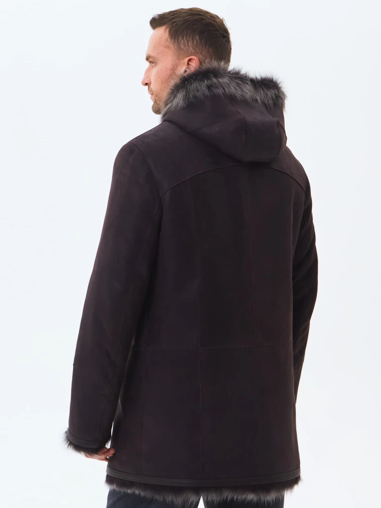 Двубортная мужская дубленка из тосканы с капюшоном премиум класса 415, коричневая, размер 52, артикул 71600-4