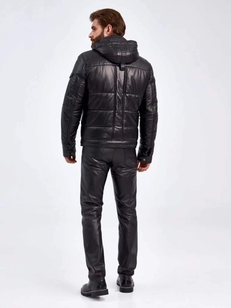 Утепленный мужской кожаный пуховик с капюшоном 2010-12, черный, размер 50, артикул 29150-2